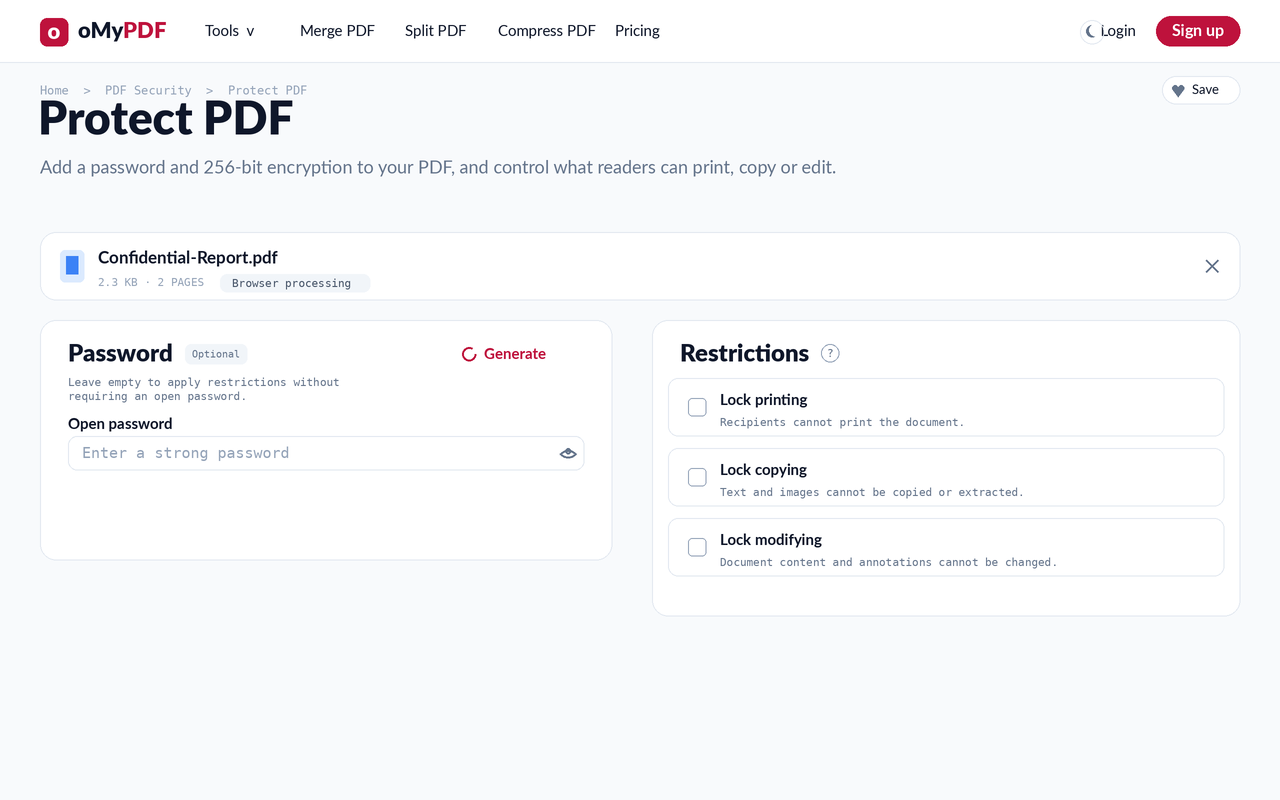 Setting an open password to encrypt a PDF, with the Restrictions panel