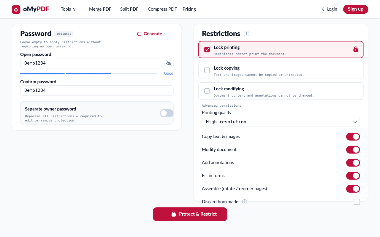 Setting PDF permissions — lock printing and toggle copy, edit, and annotation rights