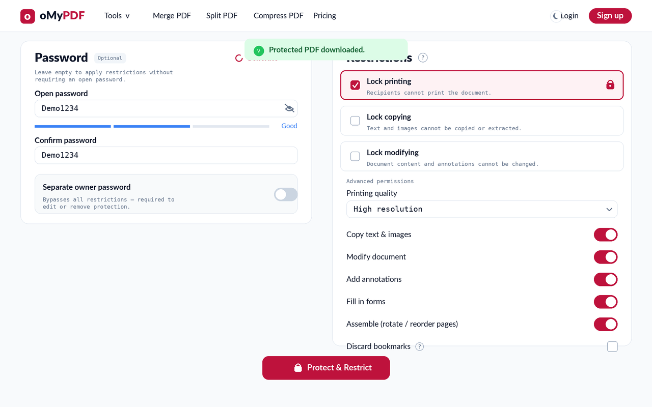 Protected PDF downloaded confirmation after encrypting with a password