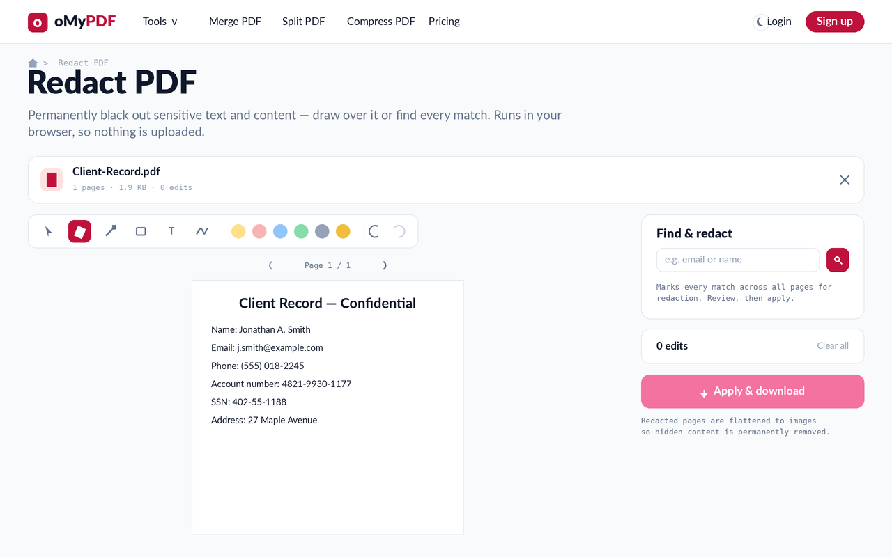 Redact PDF editor with toolbar, page preview, and the Find & redact panel