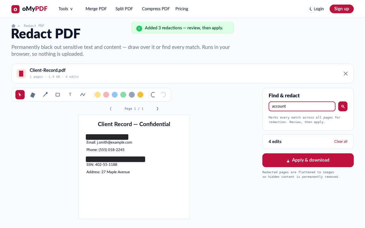 Using Find & redact to black out every match of a term across a PDF
