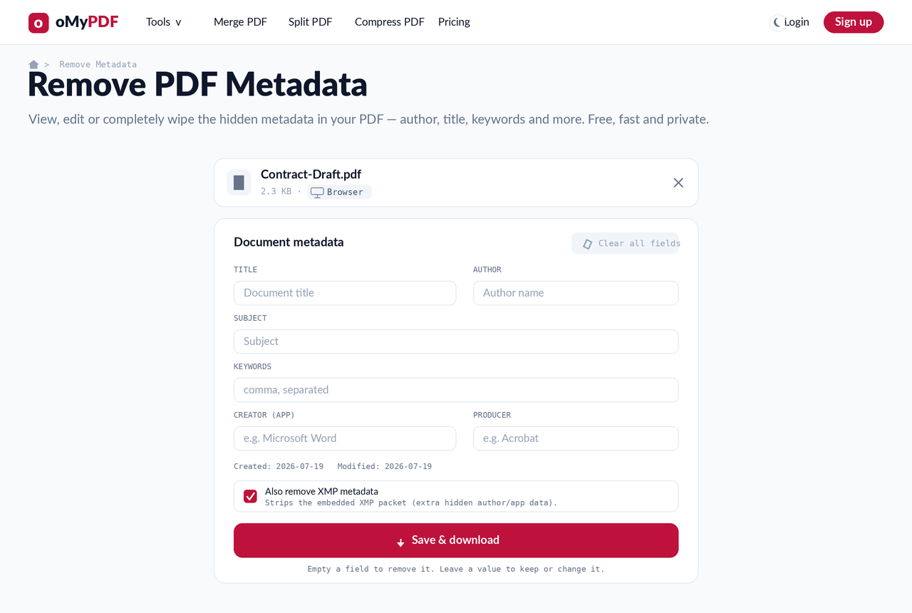 Clearing all metadata fields to remove hidden author, title and keywords from a PDF