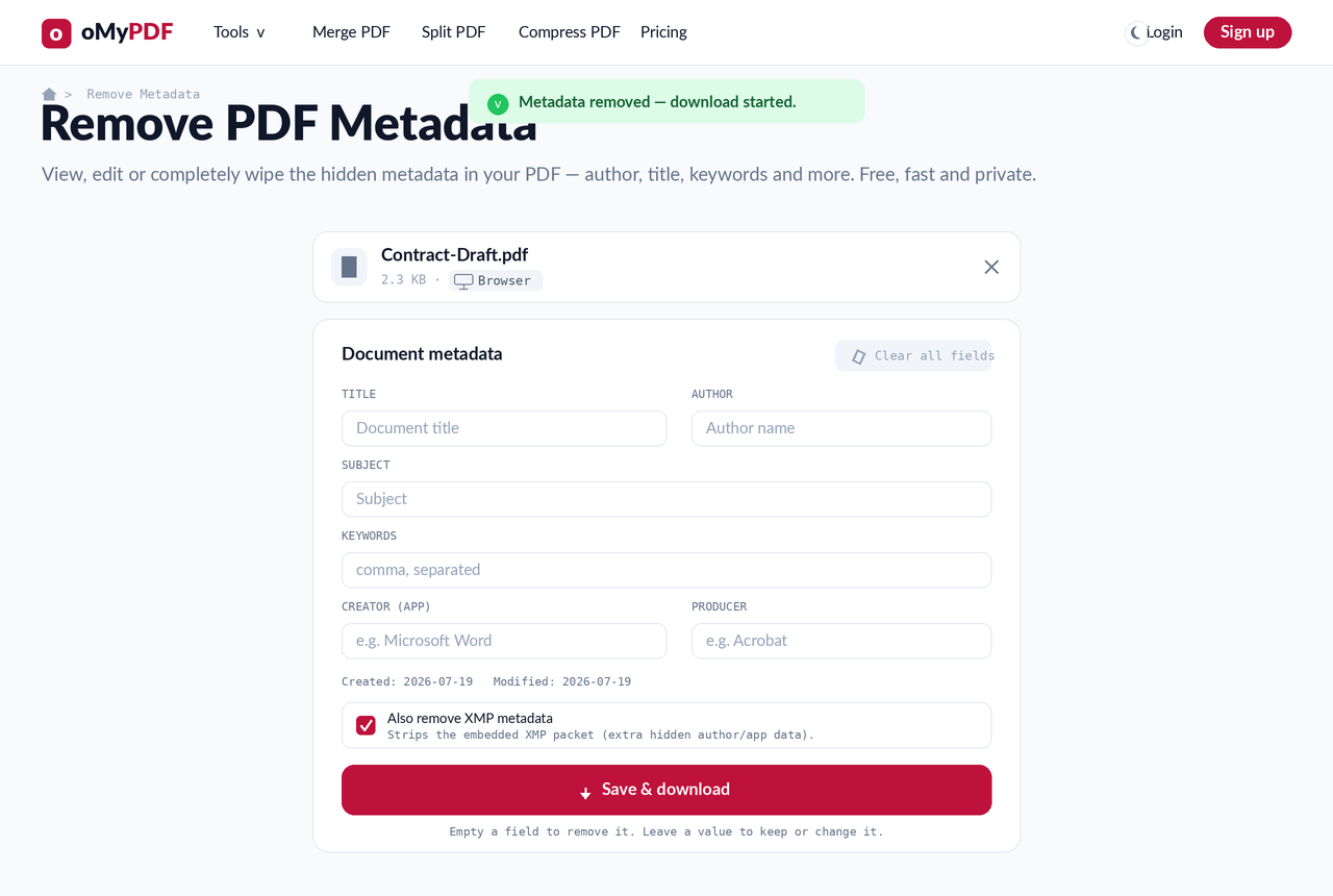 Downloading a clean PDF after removing its metadata