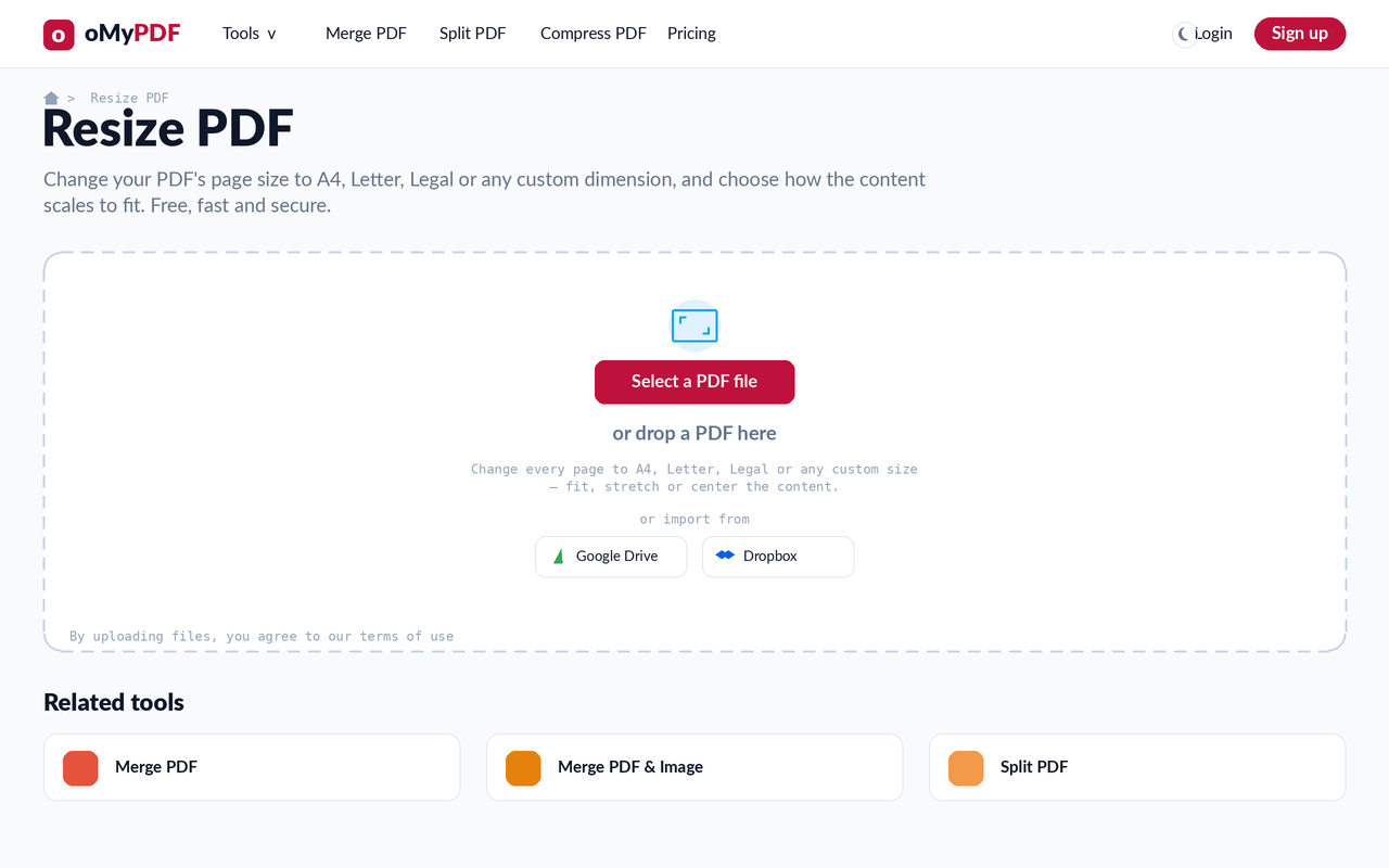 Resize PDF tool upload screen — change a PDF page size free in your browser