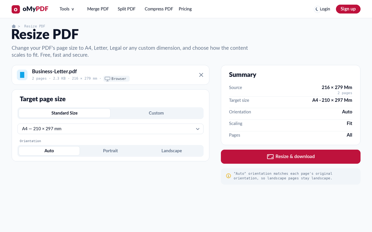 Choosing the target page size (A4) and orientation with a live summary