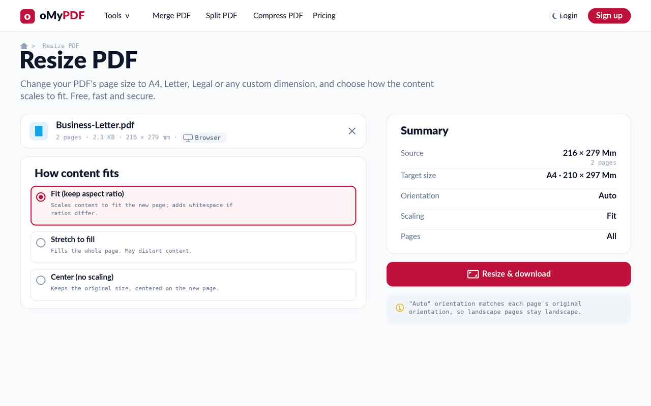 Selecting how content scales onto the new page — fit, stretch, or center