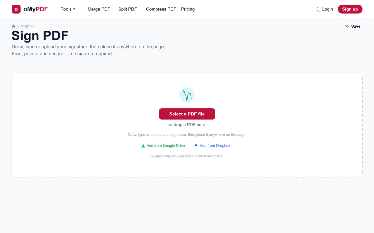 Sign PDF tool upload screen — sign a PDF online free