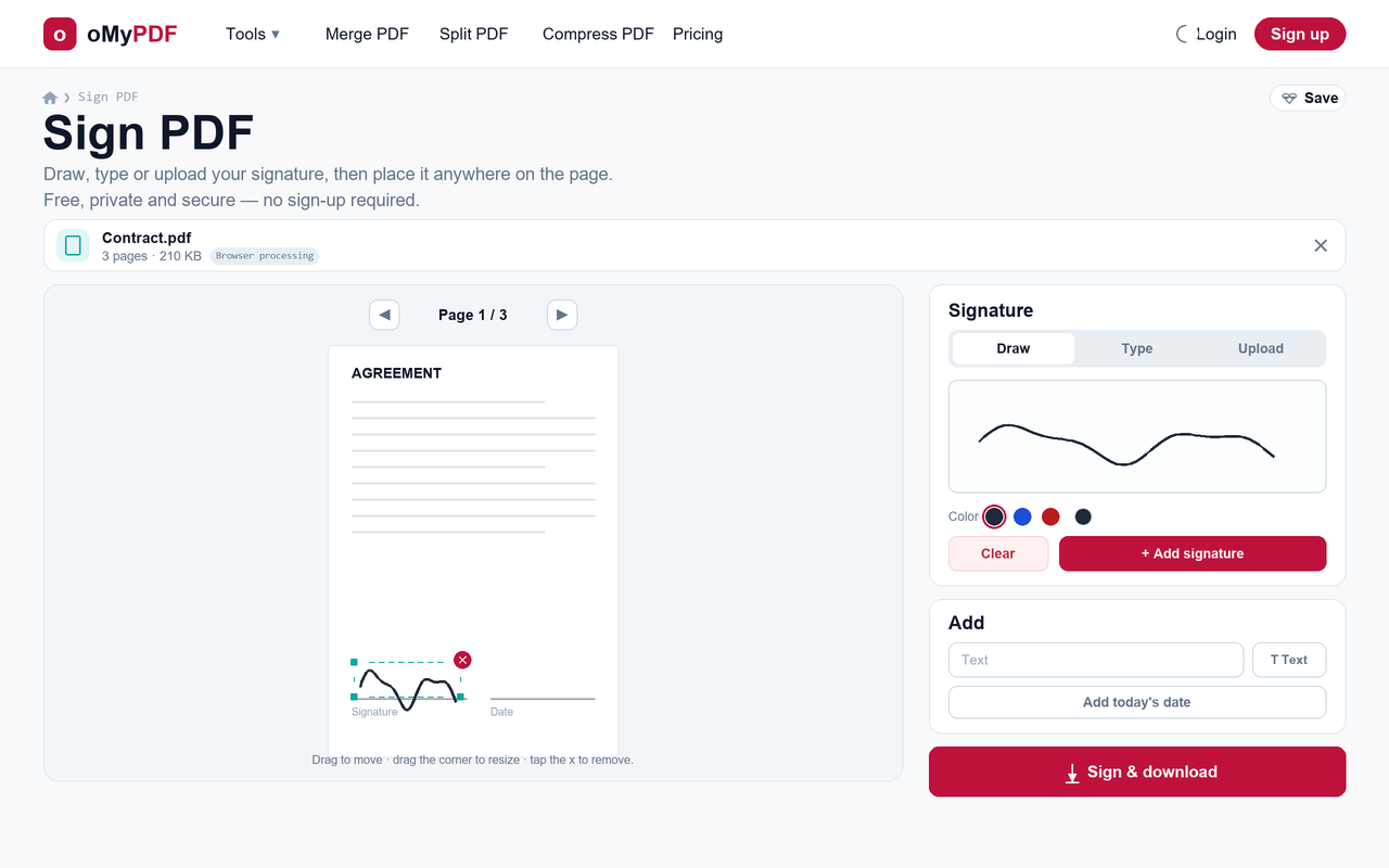Placing and resizing a signature on a PDF page with selection handles