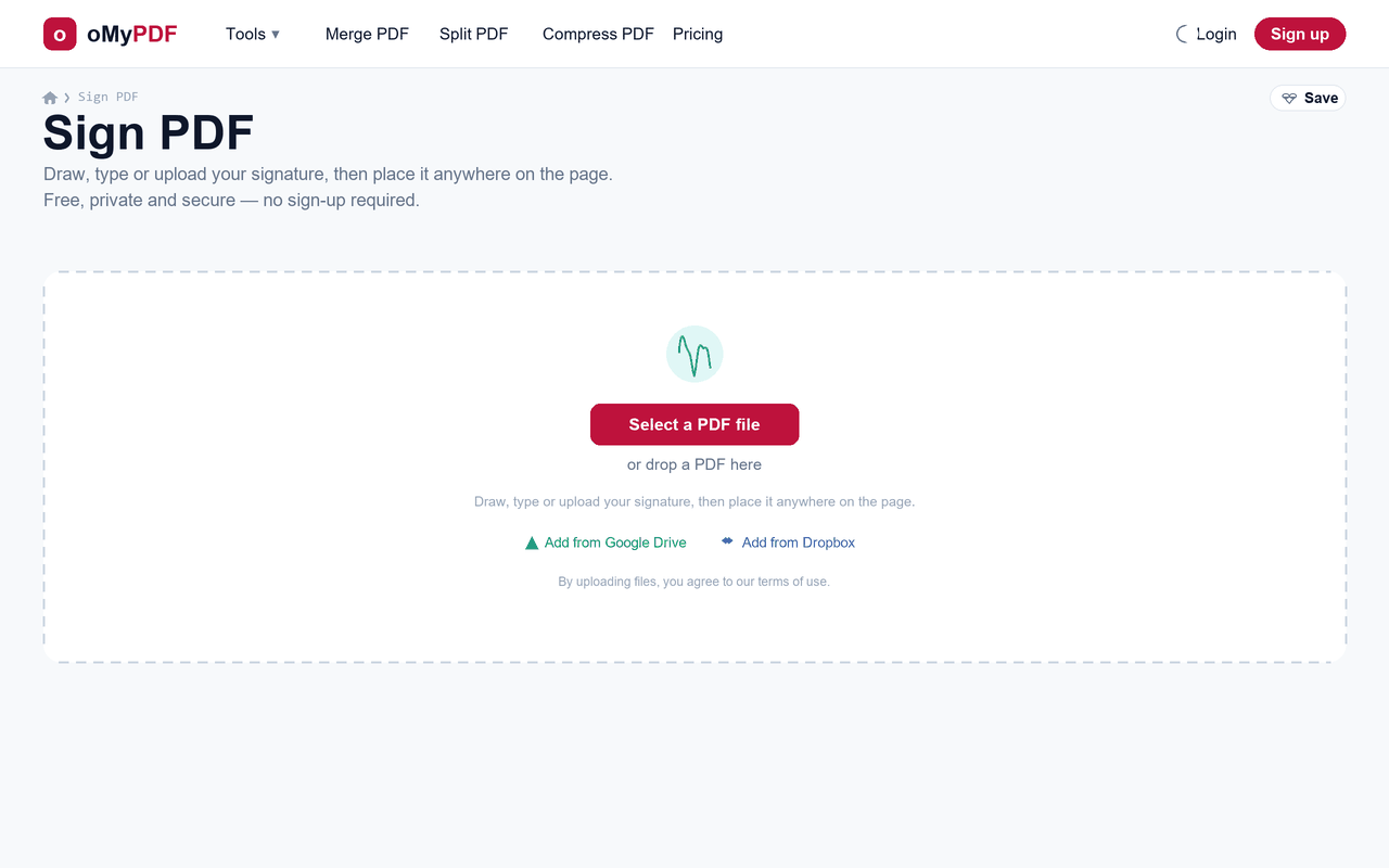 Animated walkthrough of signing a PDF — draw a signature, place it and download