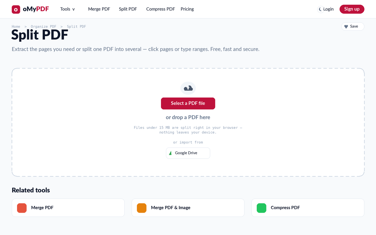 Split PDF tool upload screen with the Select a PDF file button