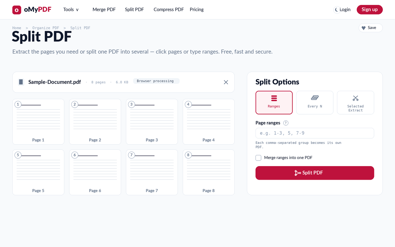 Split PDF page-thumbnail picker with the Split Options panel and three split modes