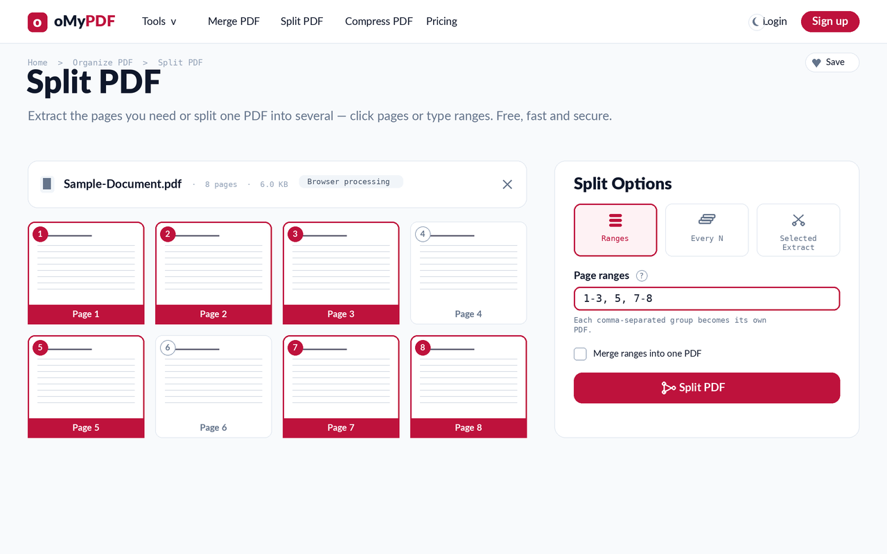 Page ranges entered in Split PDF, highlighting the selected pages in the grid