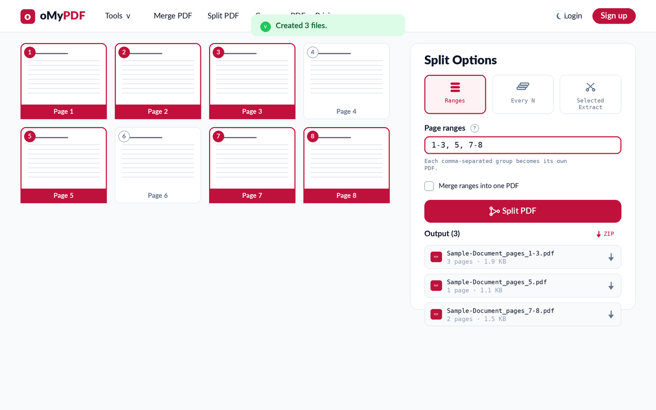 Split PDF result panel listing three output files with a ZIP download option
