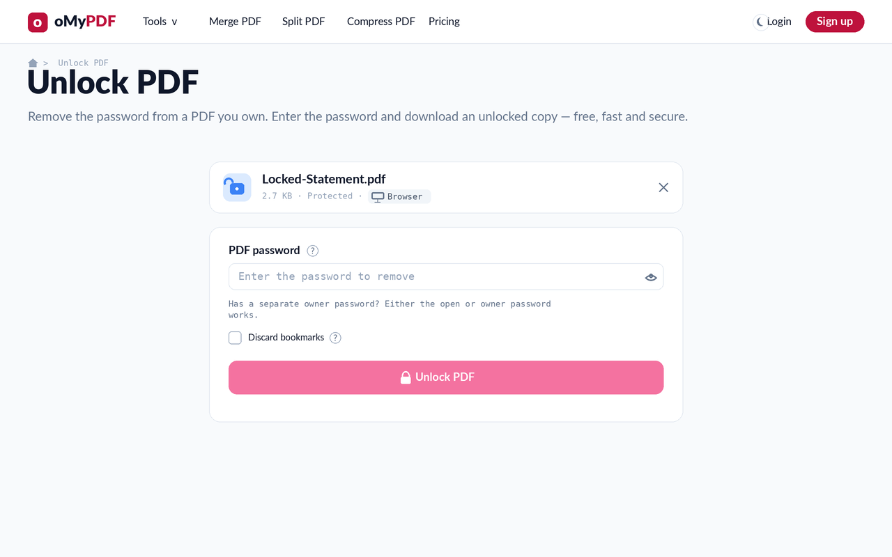 Unlock PDF password prompt for a protected file, processed in the browser