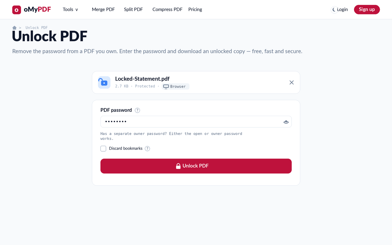 Entering the known password to remove it from a PDF