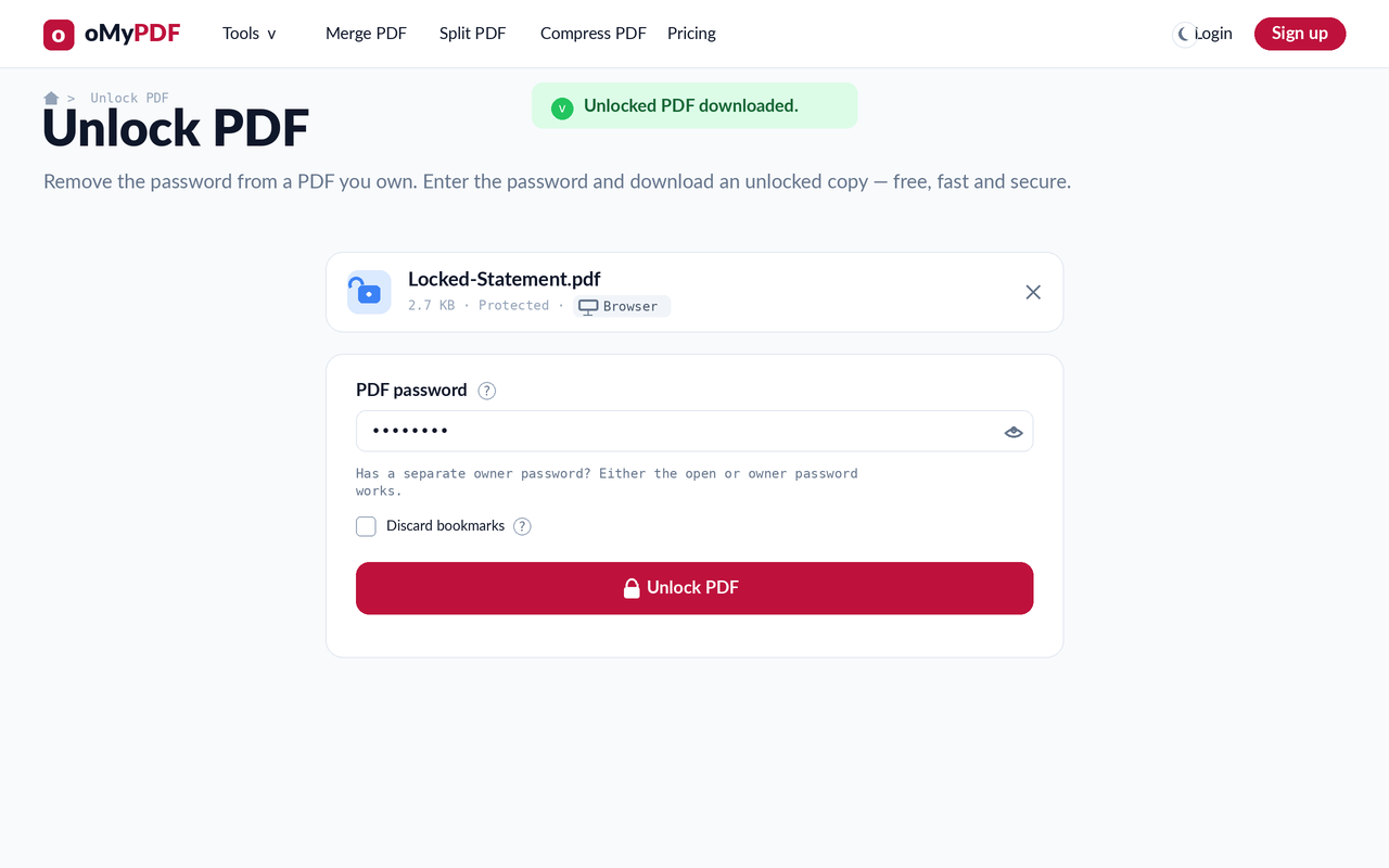 Unlocked PDF downloaded confirmation after removing the password