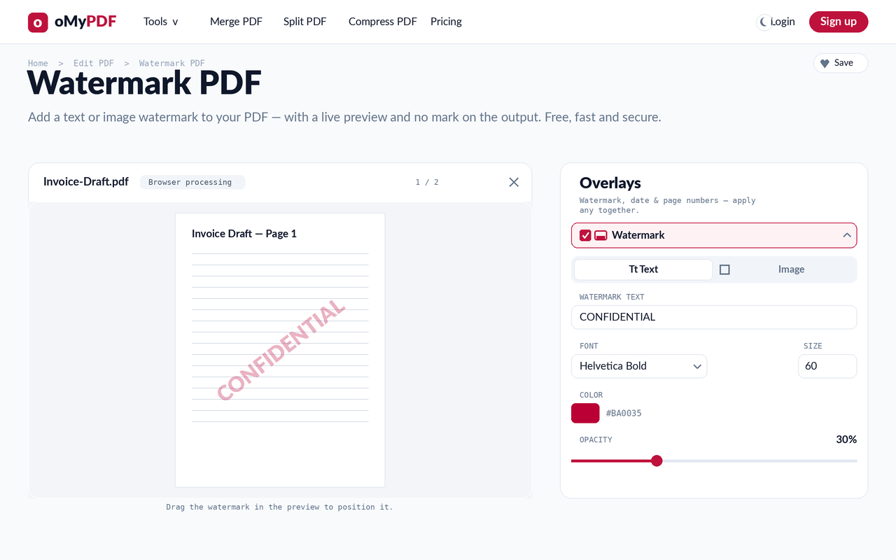 Adding a text watermark to a PDF with font, color, and opacity controls and a live preview