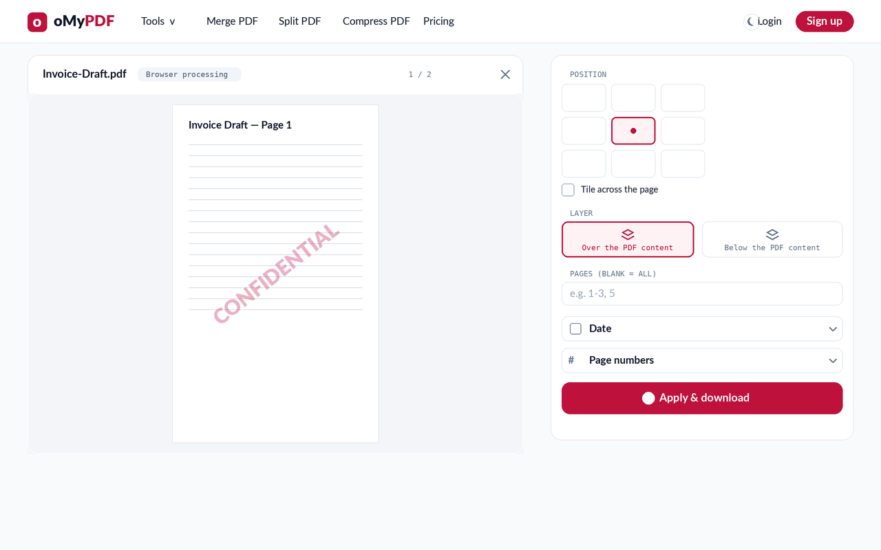 Watermark position grid, tiling, layer, and page-range options